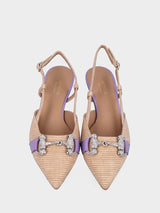 Décolleté beige e viola in fibre naturali modello slingback con morsetto metallico