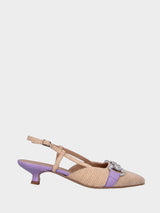 Décolleté beige e viola in fibre naturali modello slingback con morsetto metallico