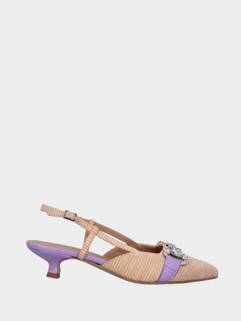 Décolleté beige e viola in fibre naturali modello slingback con morsetto metallico