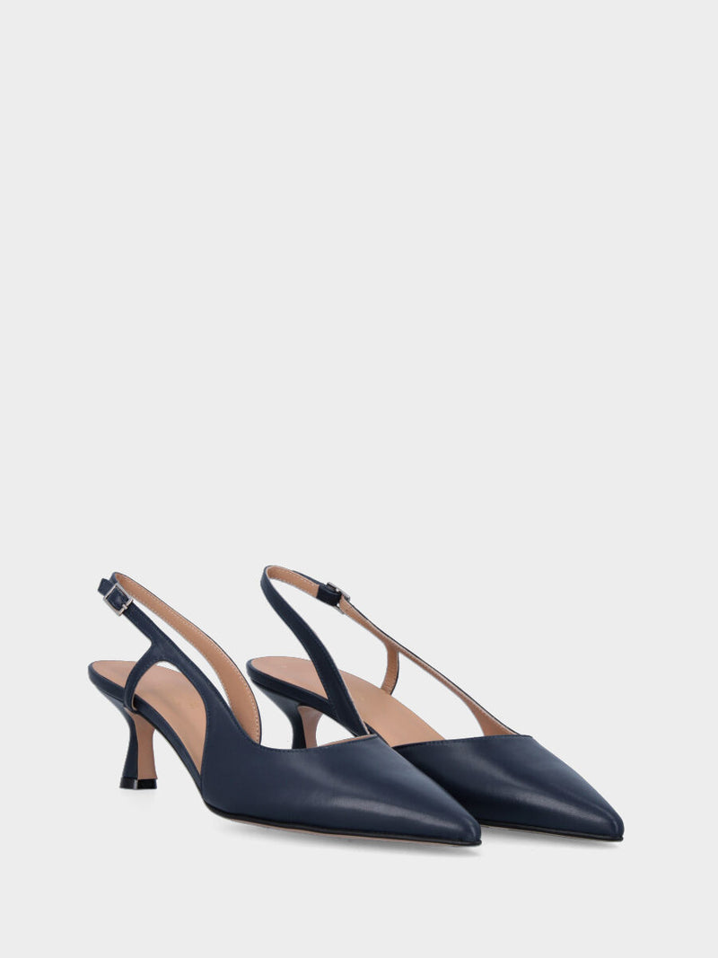 Décolleté slingback blu in pelle con scollo asimmetrico