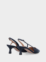 Décolleté slingback blu in pelle con scollo asimmetrico