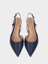 Décolleté slingback blu in pelle con scollo asimmetrico