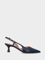 Décolleté slingback blu in pelle con scollo asimmetrico