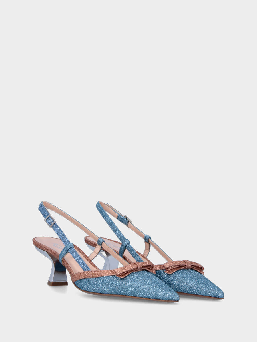Décolleté slingback azzurra in glitter con tacco a specchio
