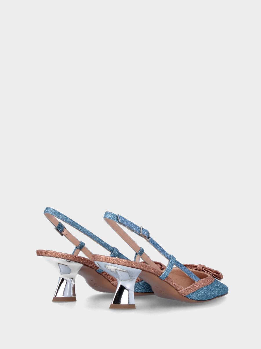Décolleté slingback azzurra in glitter con tacco a specchio