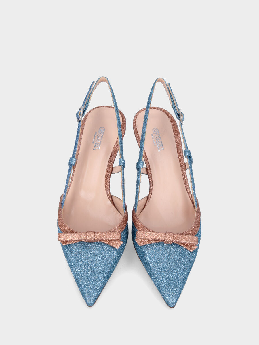 Décolleté slingback azzurra in glitter con tacco a specchio