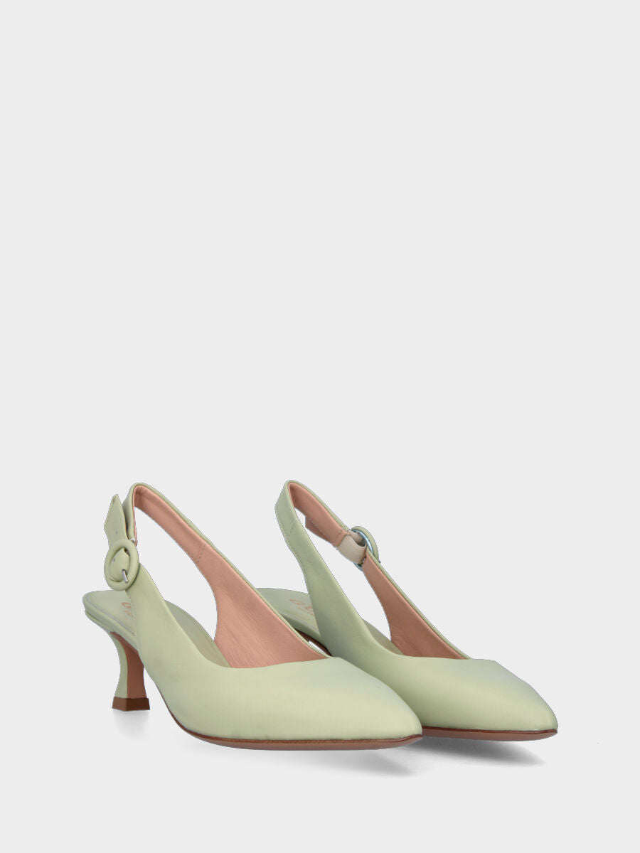 Décolleté slingback verde in pelle con cinturino