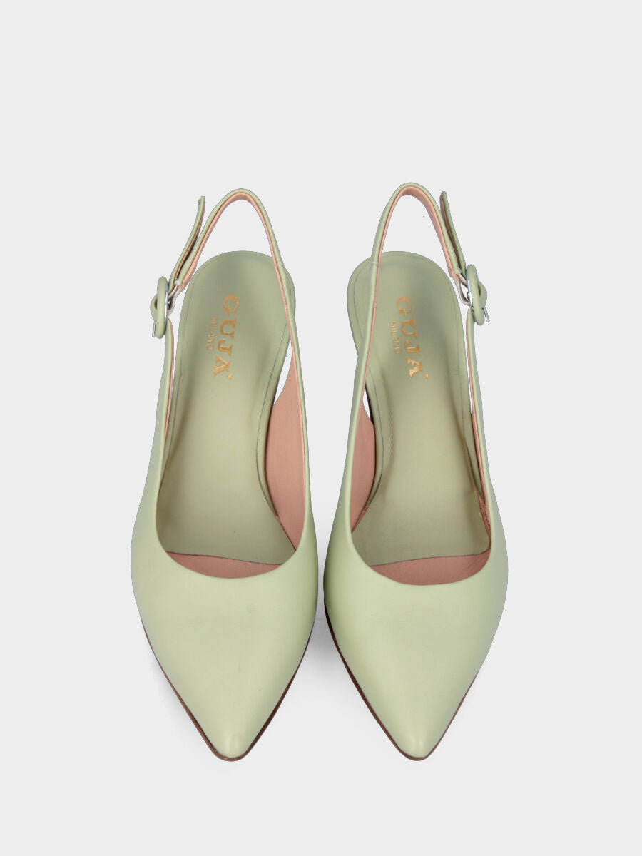 Décolleté slingback verde in pelle con cinturino