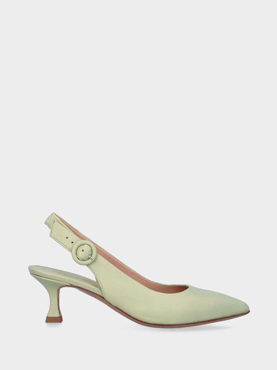 Décolleté slingback verde in pelle con cinturino