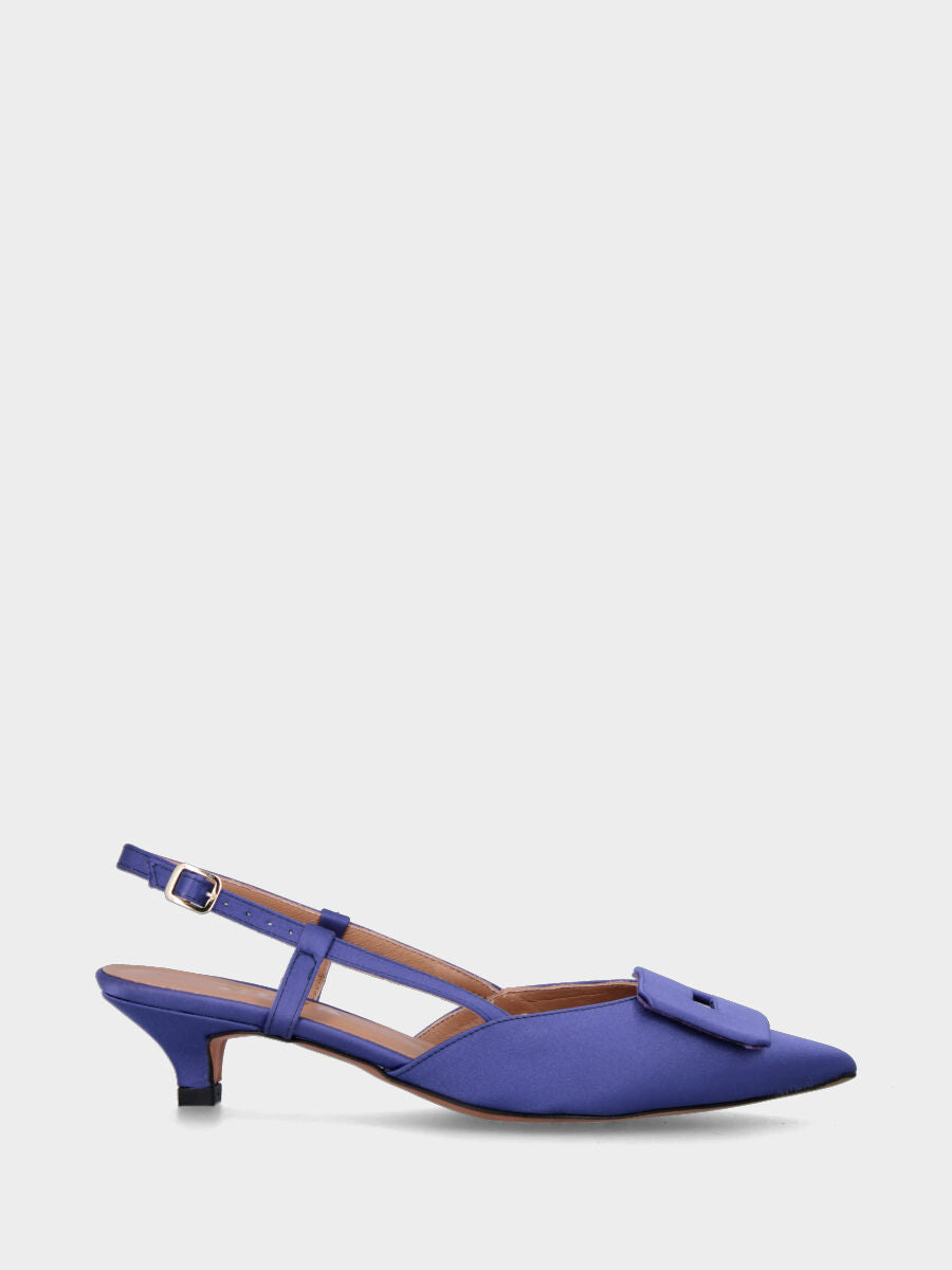 Purple fabric slingback pumps with geometric accessory