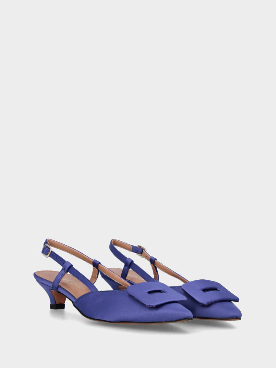 Purple fabric slingback pumps with geometric accessory