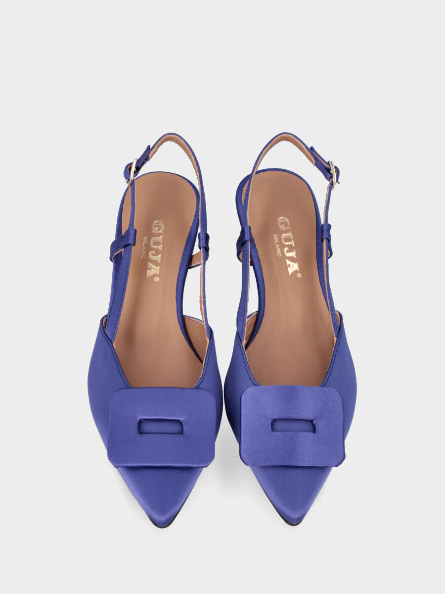 Purple fabric slingback pumps with geometric accessory