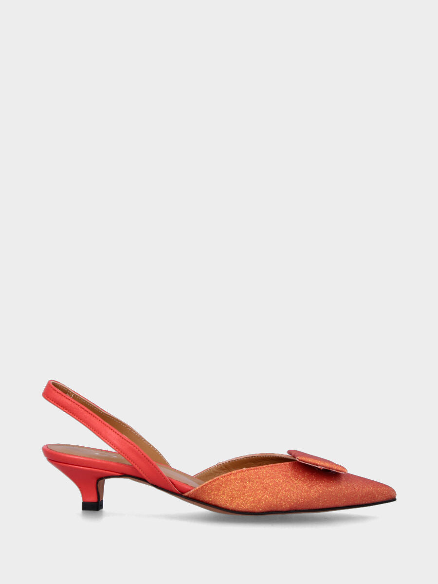Escarpins slingback orange en paillettes avec plaque rectangulaire