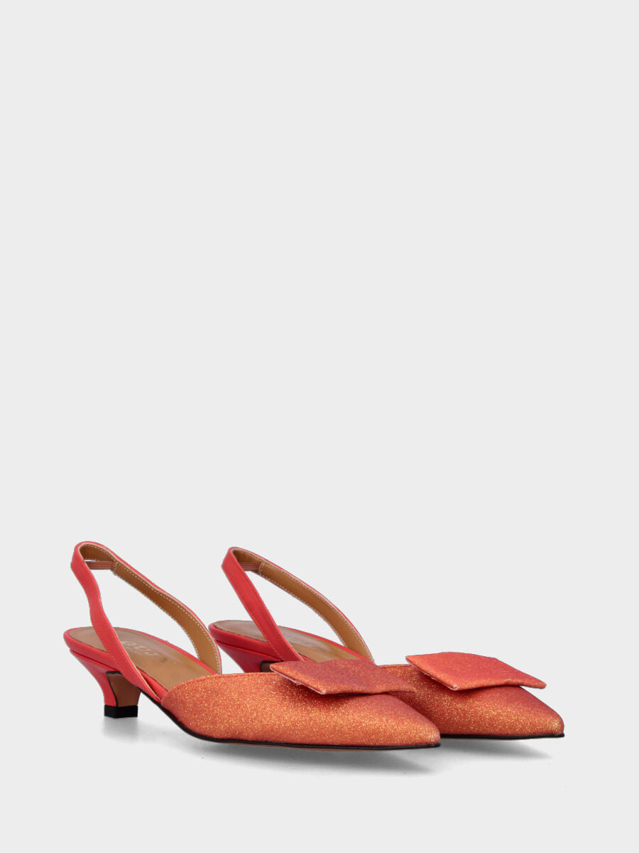 Escarpins slingback orange en paillettes avec plaque rectangulaire
