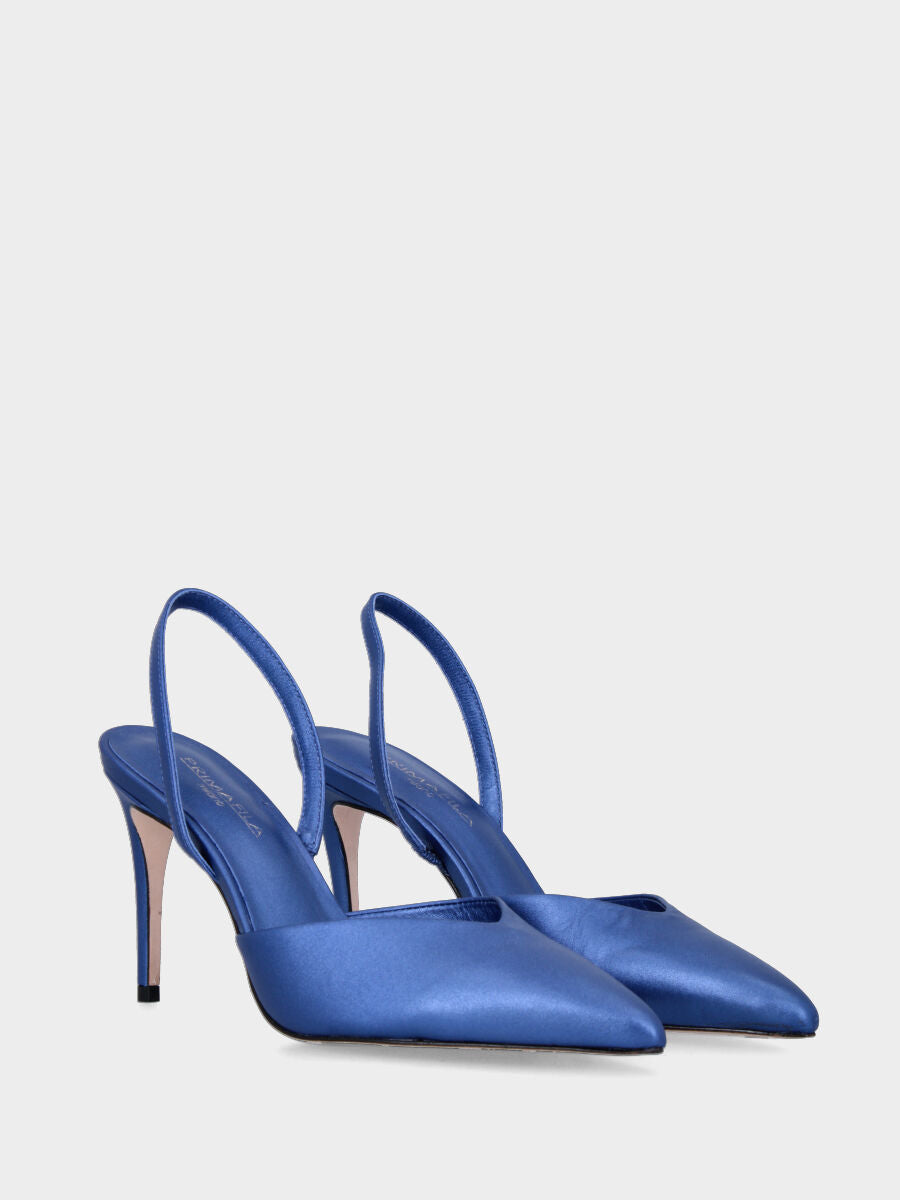 Décolleté slingback blu in pelle con tacco a stiletto