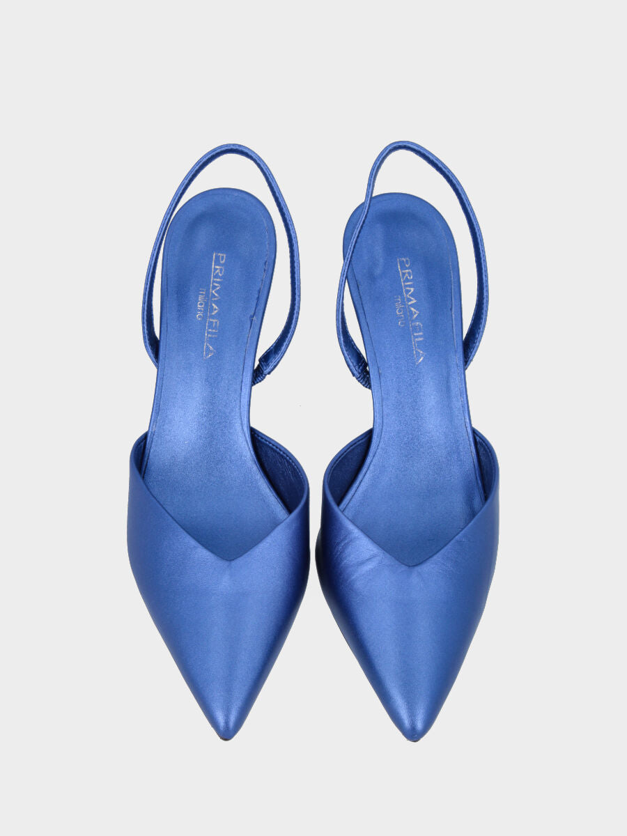 Décolleté slingback blu in pelle con tacco a stiletto