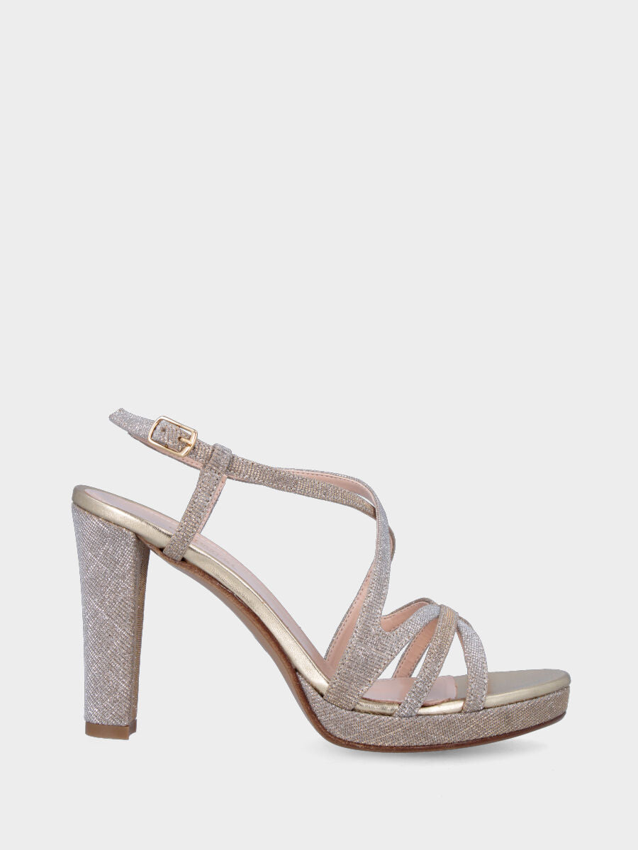 Golden heel sandal in fabric with crossed straps