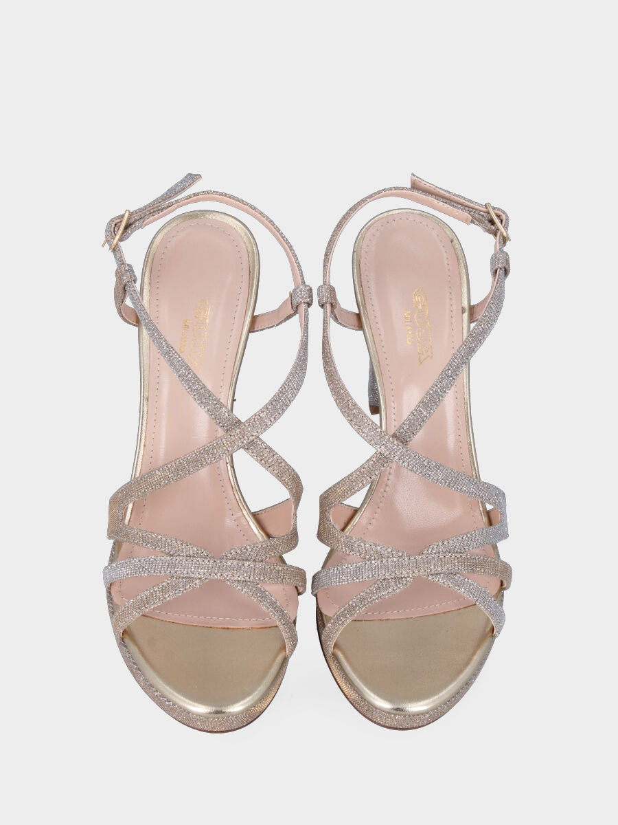 Golden heel sandal in fabric with crossed straps