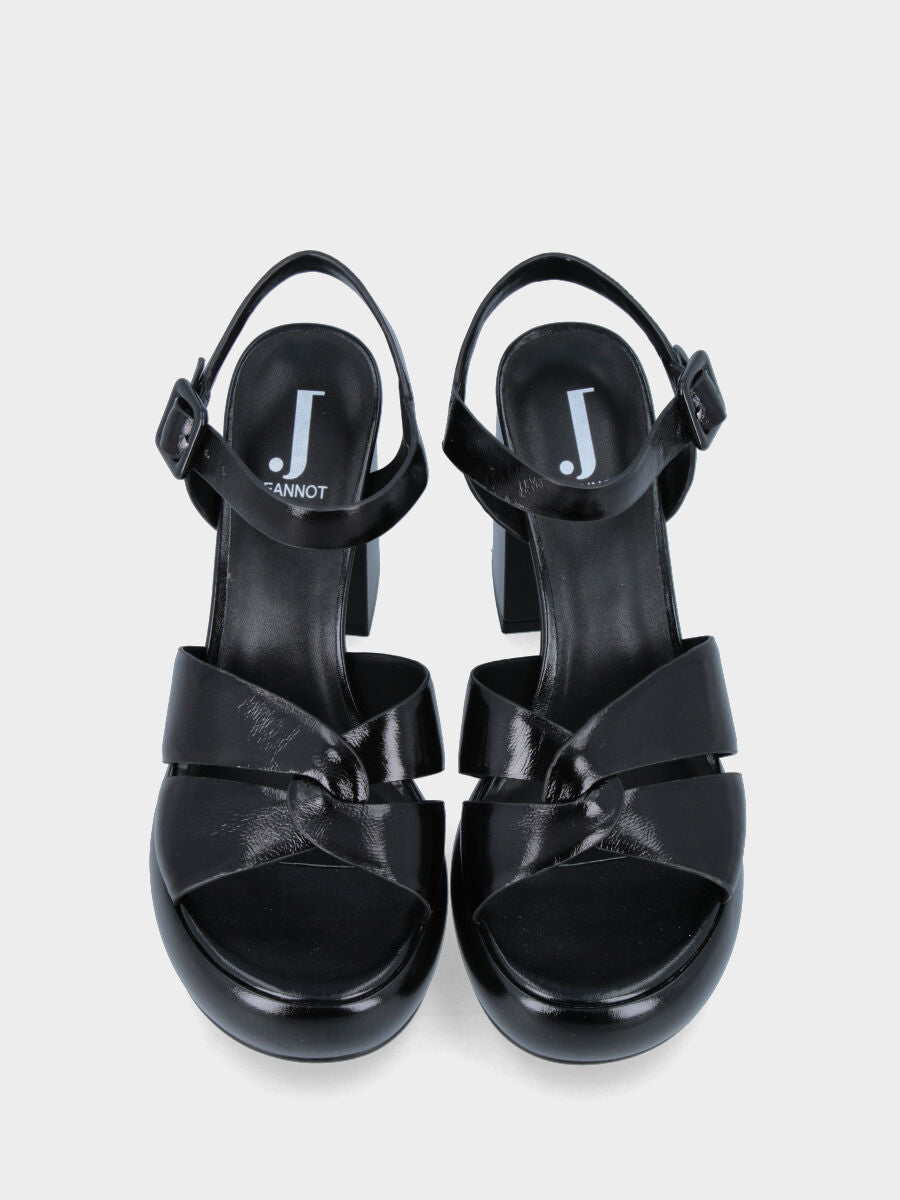Sandale à talon noire en cuir avec brides croisées
