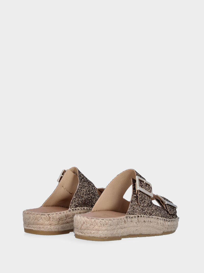 Espadrillas marrone in glitter a fasce con fibbie