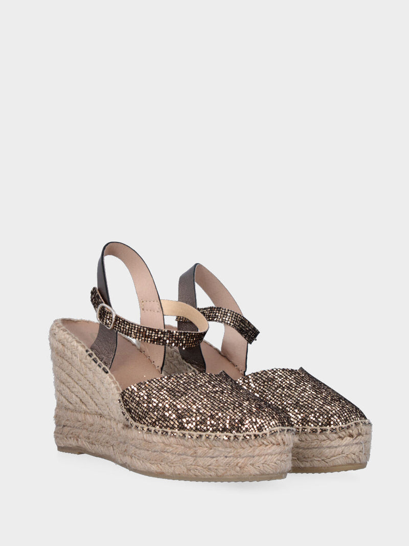 Campesina marrone in glitter con zeppa in corda