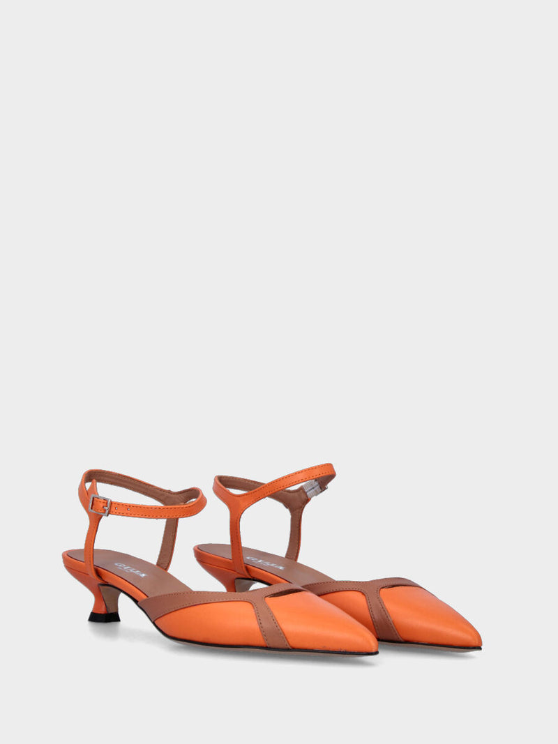 Décolleté bicolore arancione in pelle modello slingback con cinturino alla caviglia