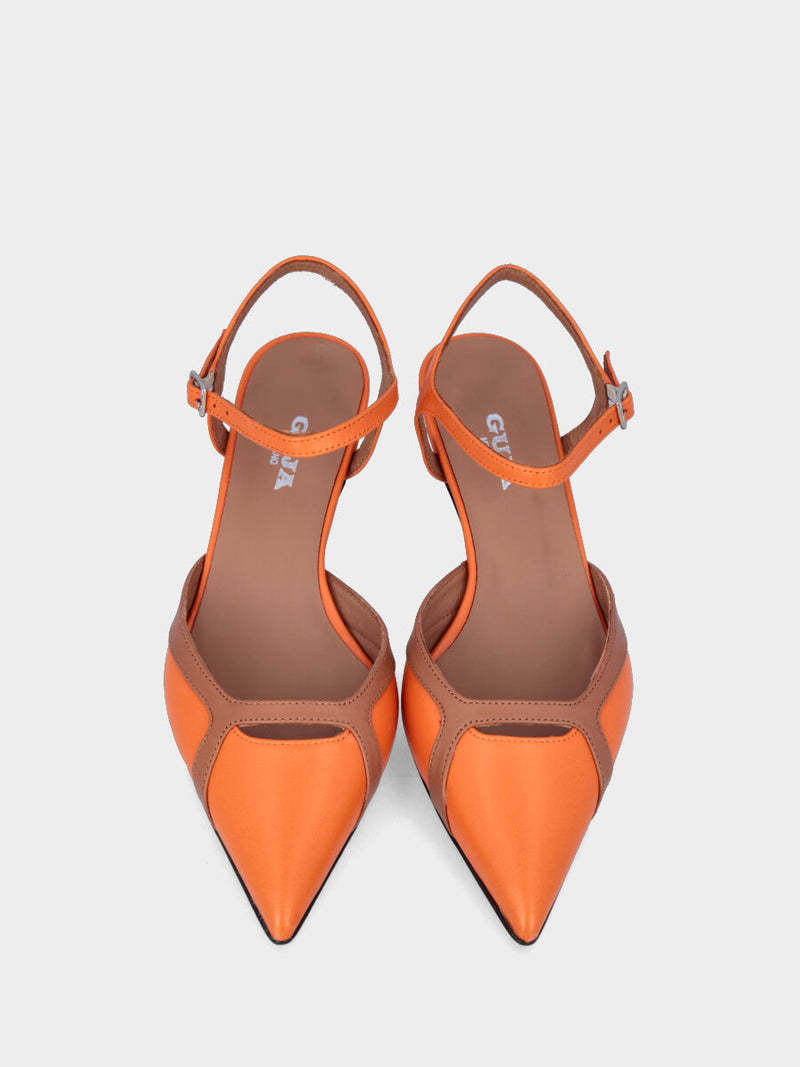 Décolleté bicolore arancione in pelle modello slingback con cinturino alla caviglia