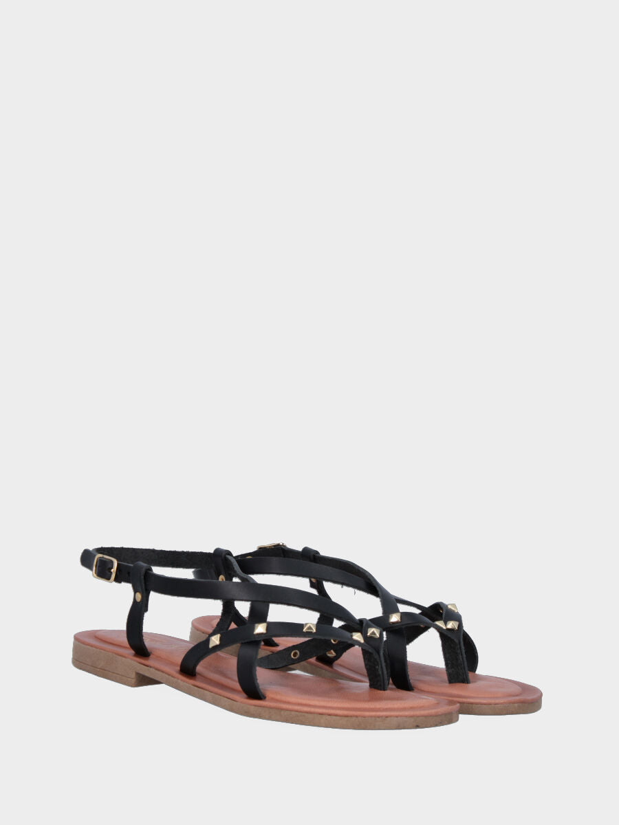 Sandale tongs noire en cuir avec lanières croisées et clous