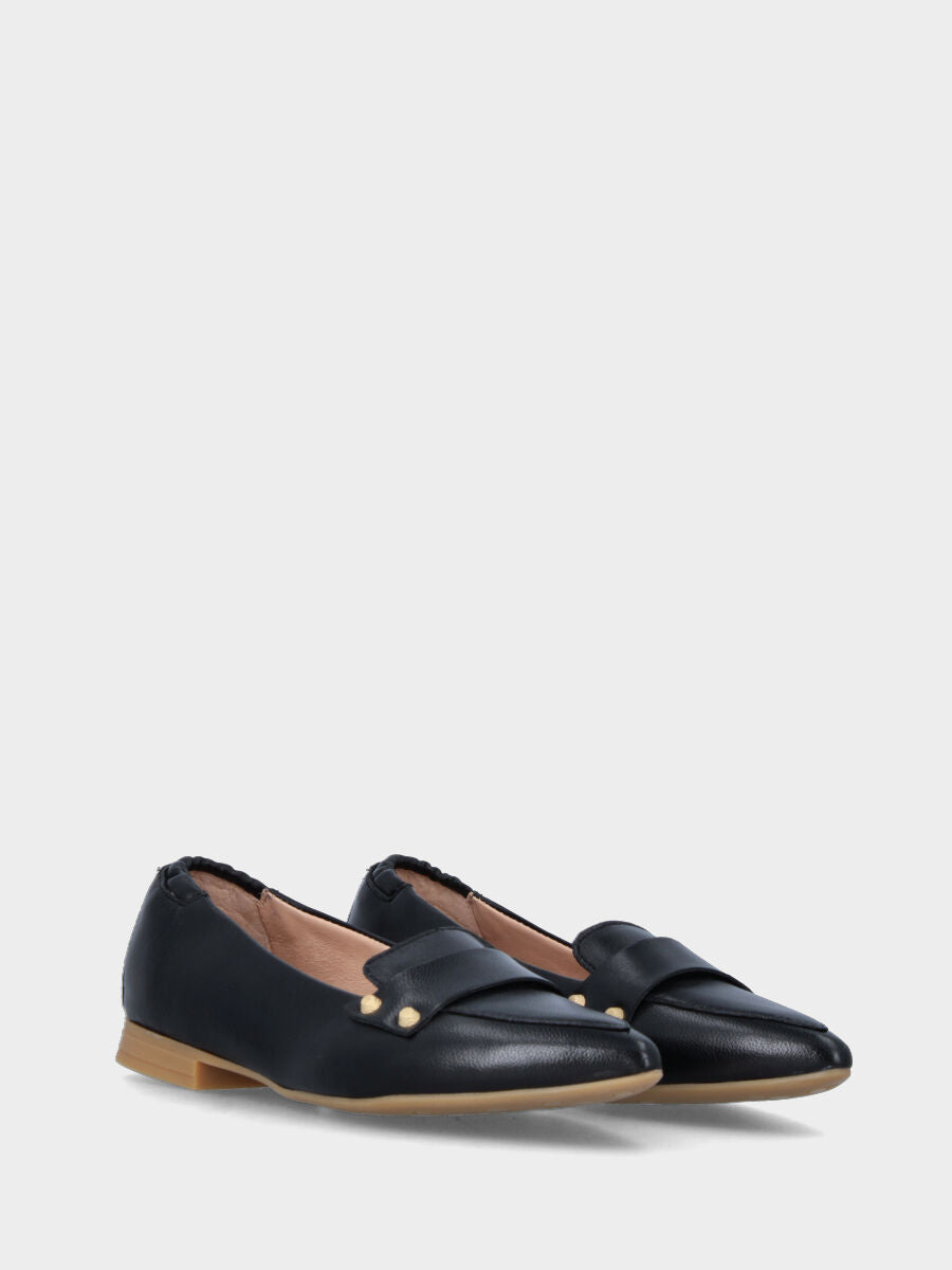 Black leather moccasin with studs and elastic at the heel
