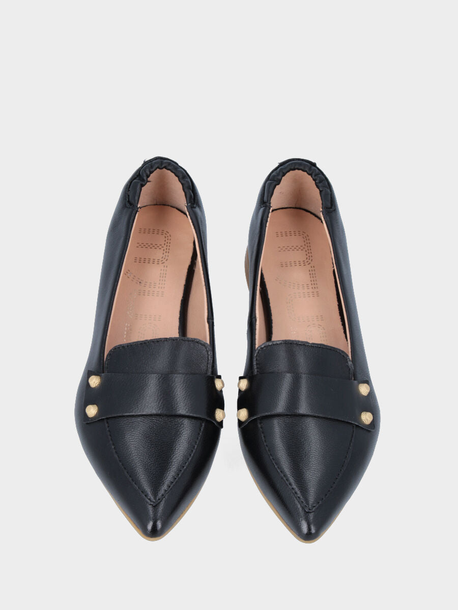 Black leather moccasin with studs and elastic at the heel