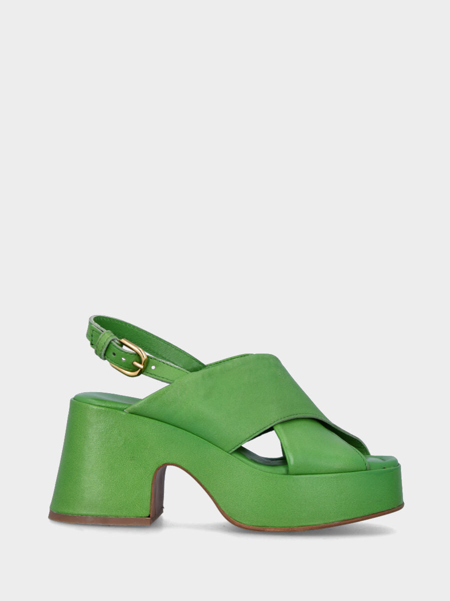 Green leather sandal with crossed straps