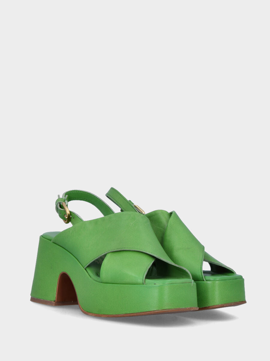 Green leather sandal with crossed straps