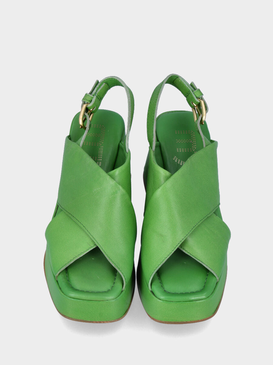 Green leather sandal with crossed straps