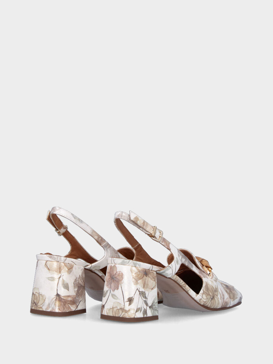Mocassino beige in pelle modello slingback a stampa floreale