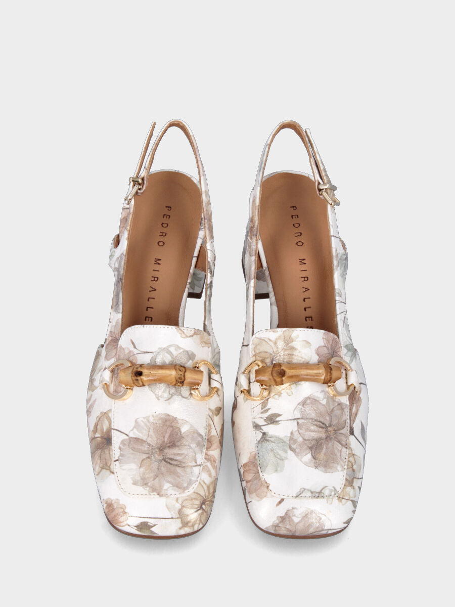 Mocassino beige in pelle modello slingback a stampa floreale