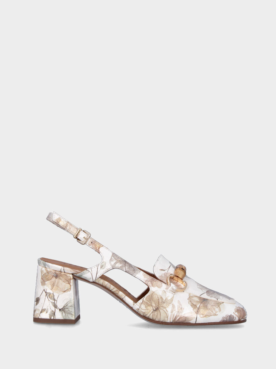 Mocassino beige in pelle modello slingback a stampa floreale