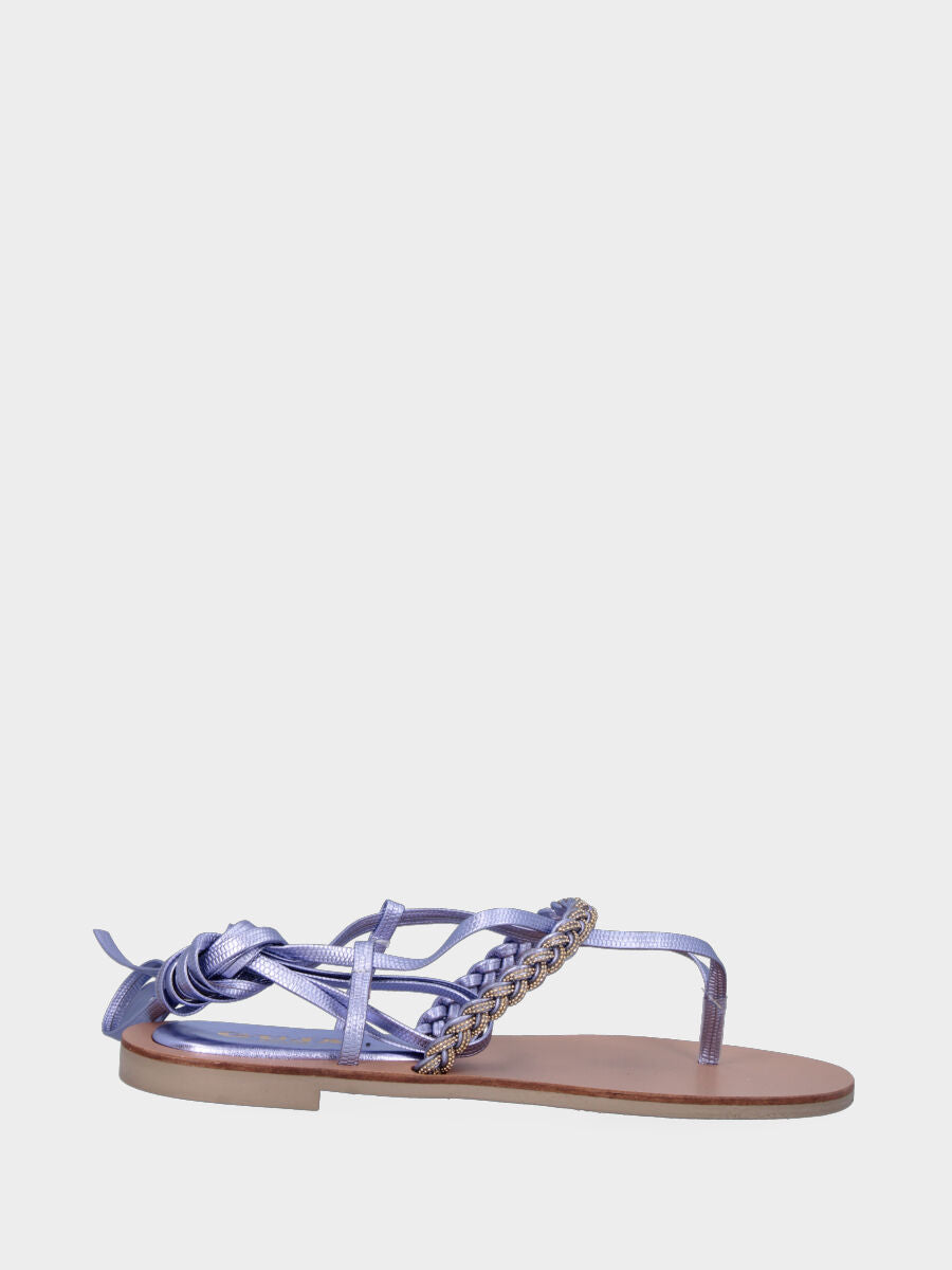Laminated lilac thong sandal with braid and laces