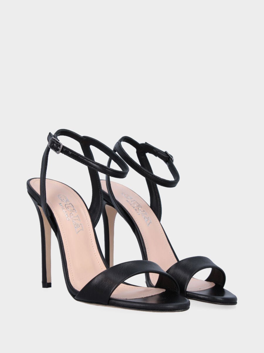 Black leather heeled sandal with strap