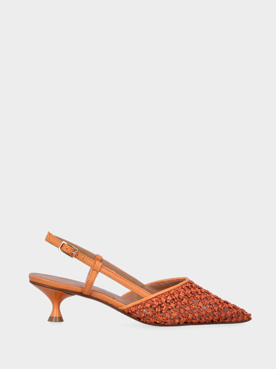 Décolleté slingback arancione in fibre naturali a tessitura traforata