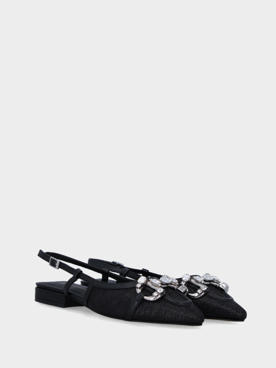 Slingback nera in tessuto con bordatura e morsetto gioiello