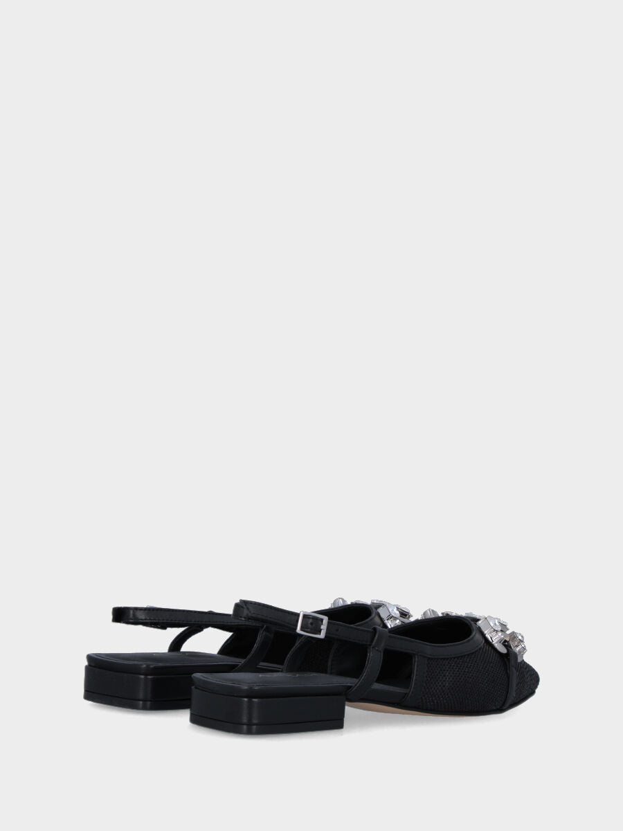 Slingback nera in tessuto con bordatura e morsetto gioiello