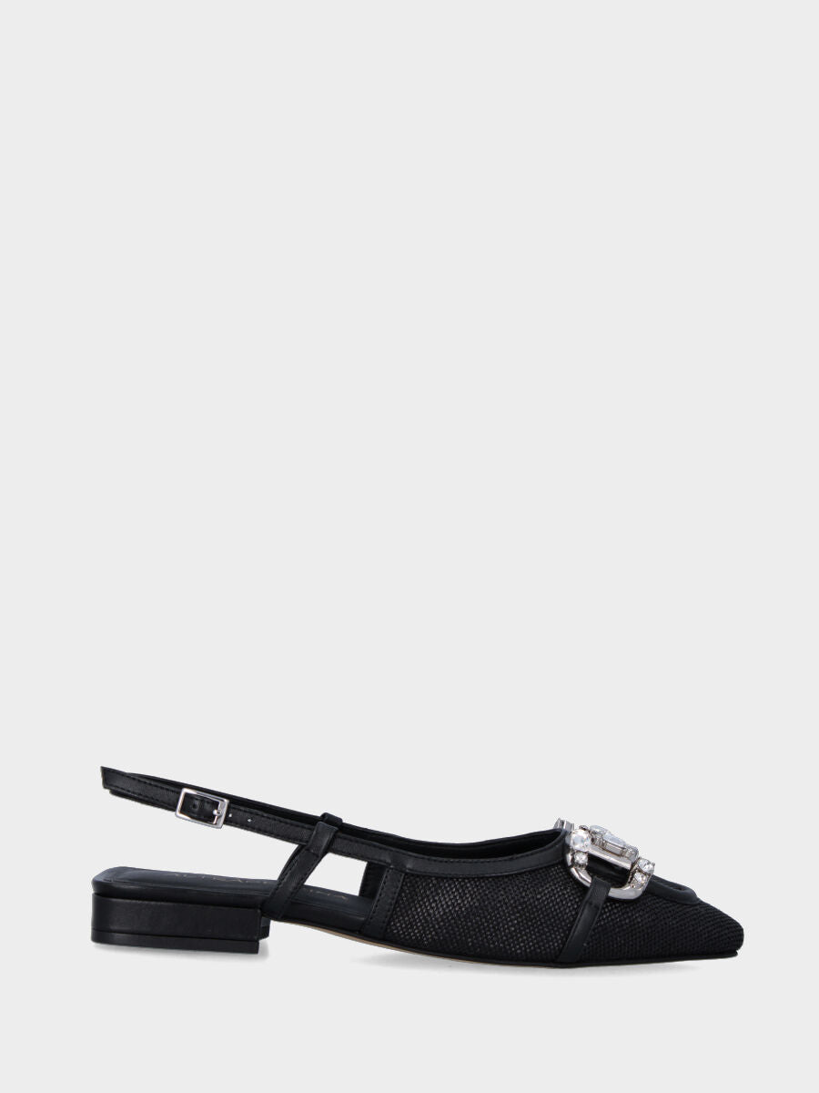 Slingback nera in tessuto con bordatura e morsetto gioiello