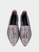 Pantofolina argento in rafia intrecciata fiocco e nappine