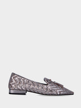 Pantofolina argento in rafia intrecciata fiocco e nappine