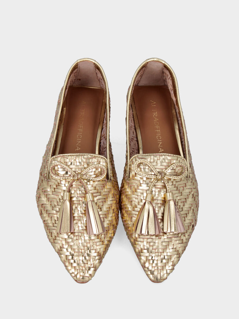 Pantofolina oro in rafia intrecciata fiocco e nappine