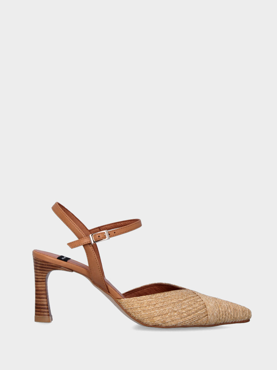 Slingback beige in rafia con tacco trama legno