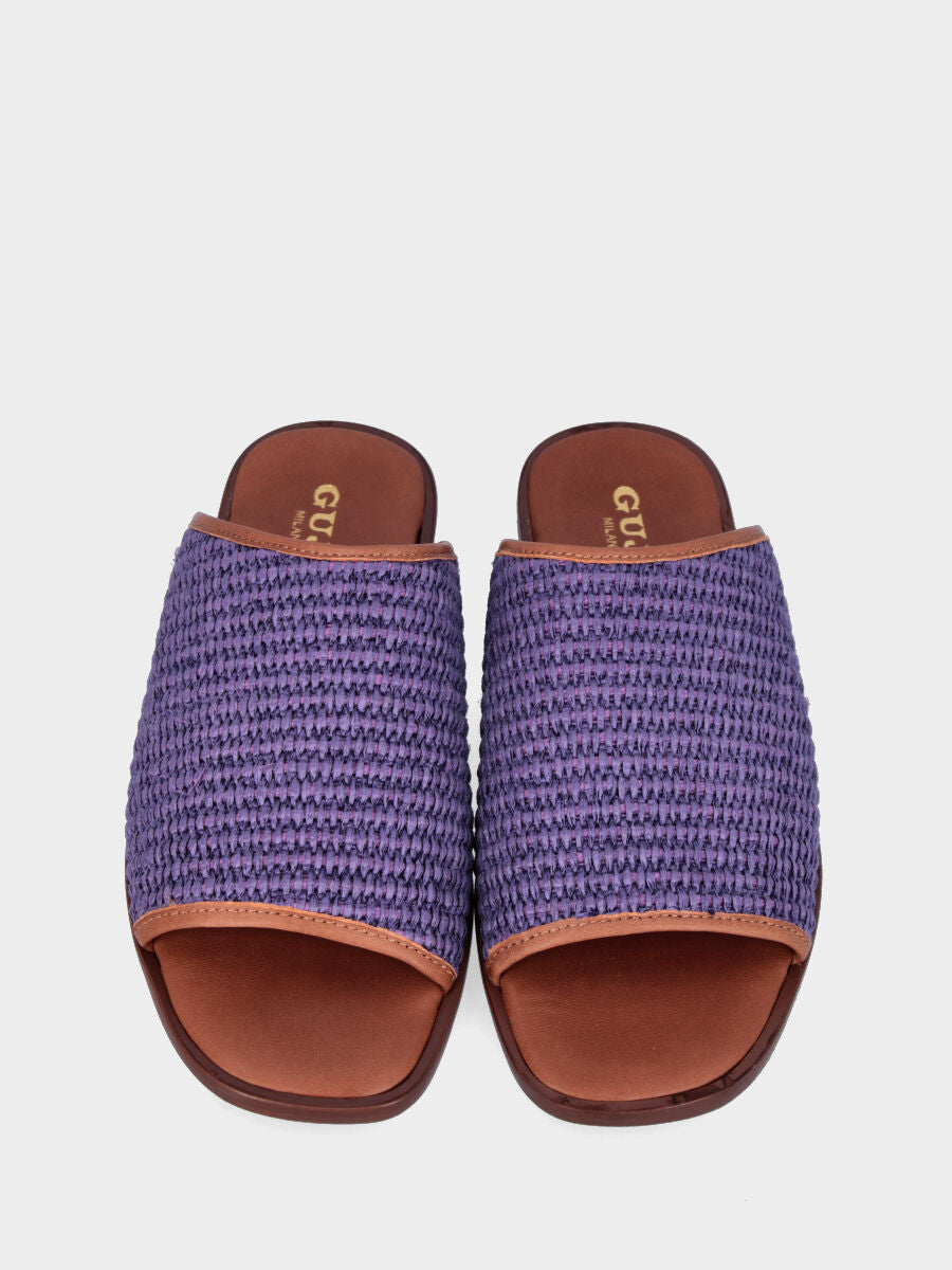 Purple raffia woven slipper with bordered strap