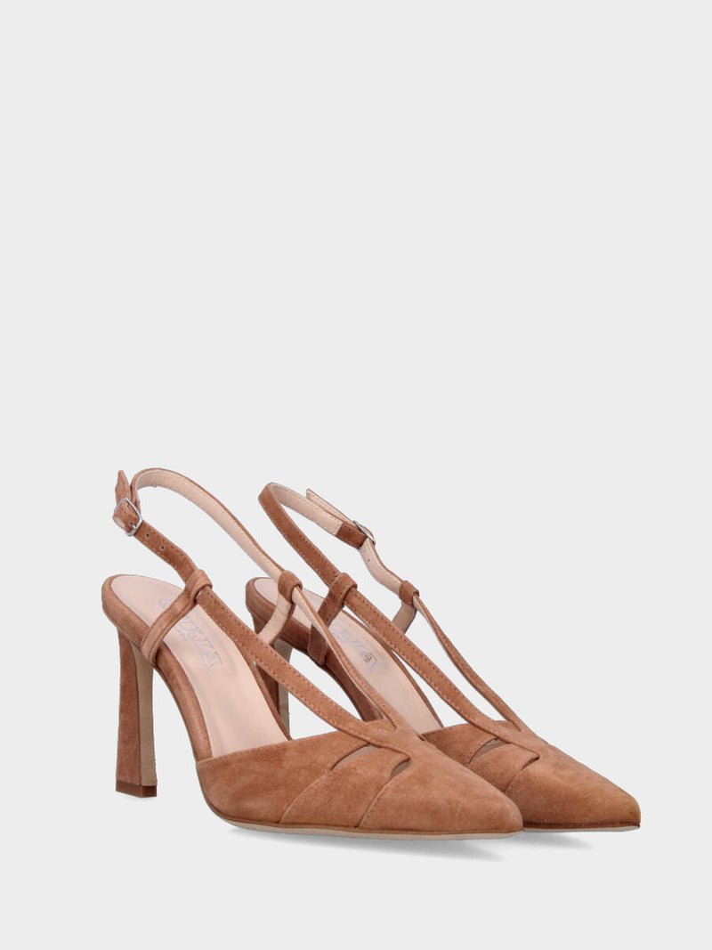 Slingback beige in pelle con fascette asimmetriche sovrapposte