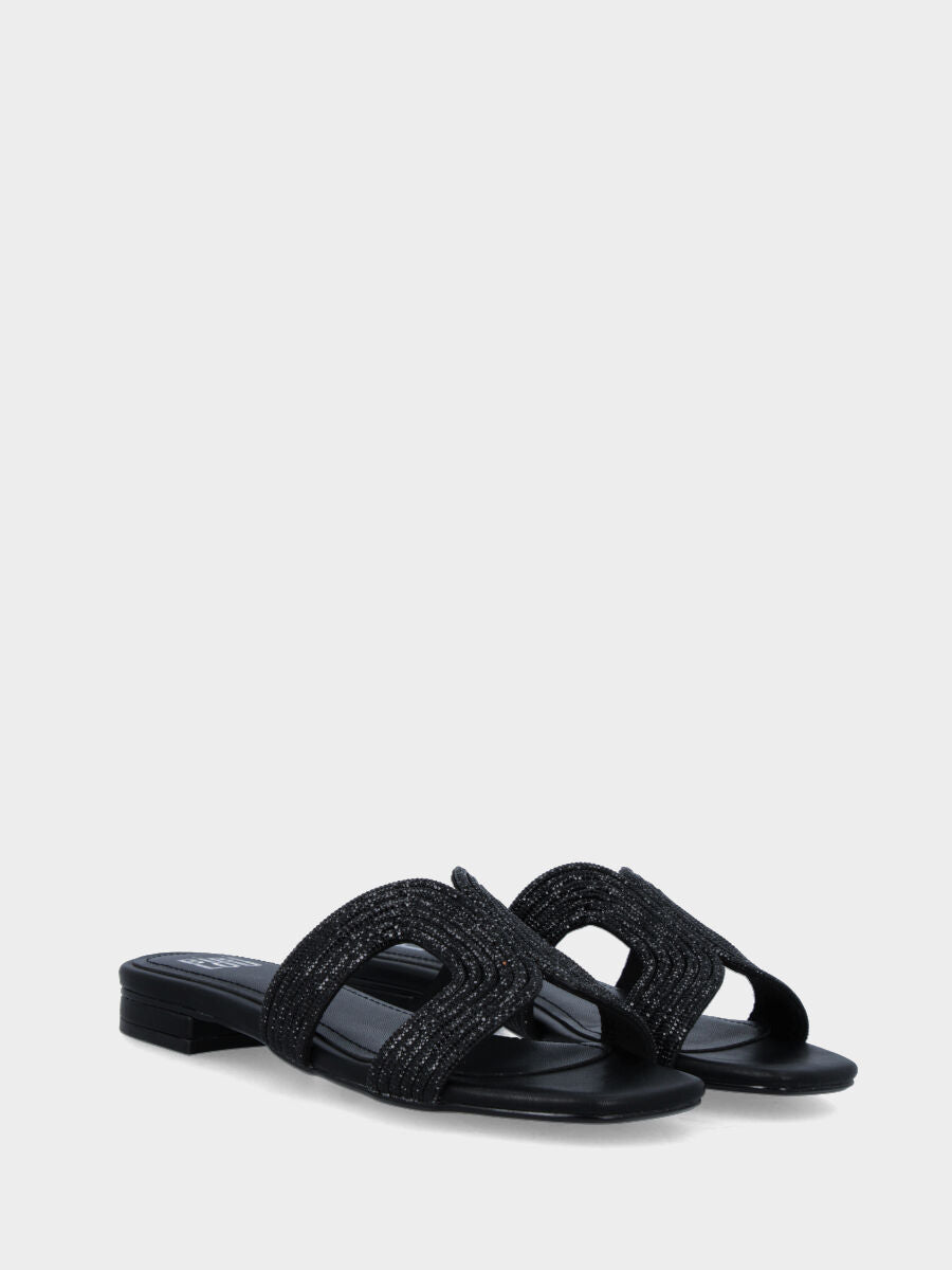 Mule noire en cuir avec bandes arquées de strass
