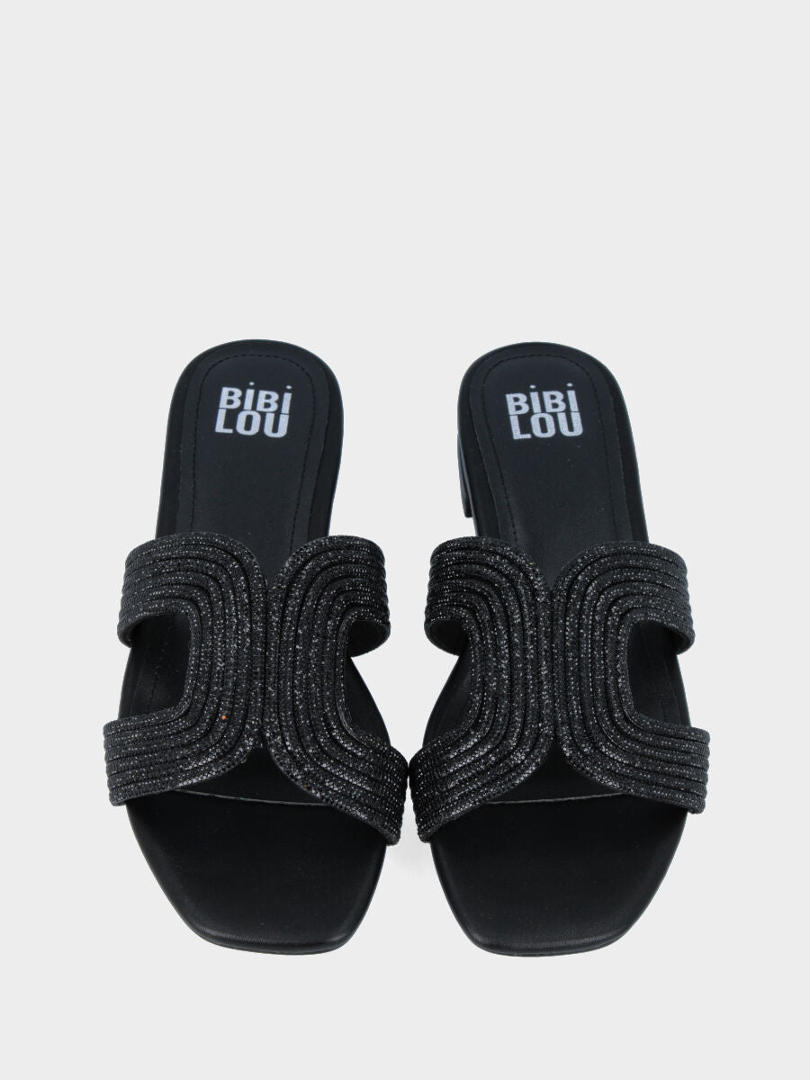 Mule noire en cuir avec bandes arquées de strass